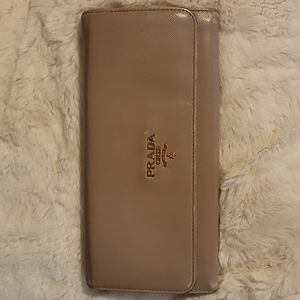 PRADA saffiano leather long wallet in nude and gold/white interior